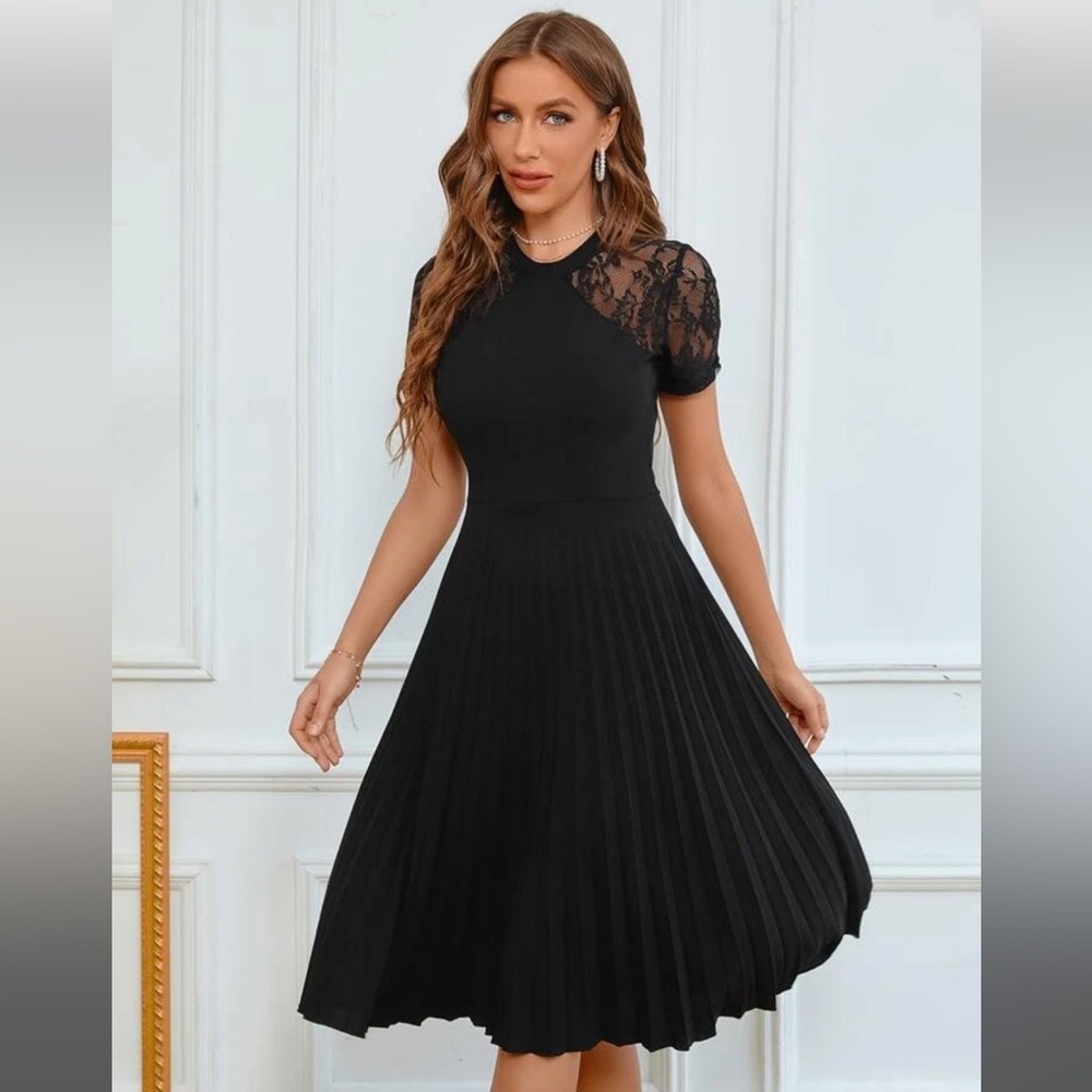 SHEIN black lace detail pleated dress